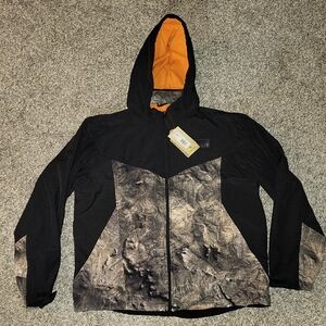 Men's Black Hooded Jacket with Orange Lining and Camo Panels Concealed Carry